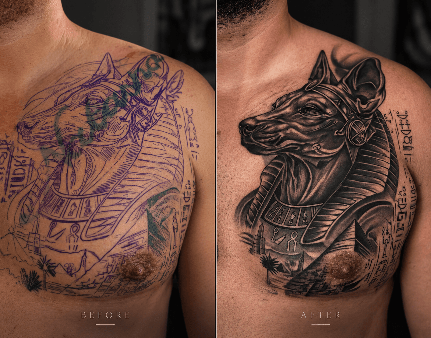 Old chest tattoo cover up with Anubis — Black Stroke Gdańsk