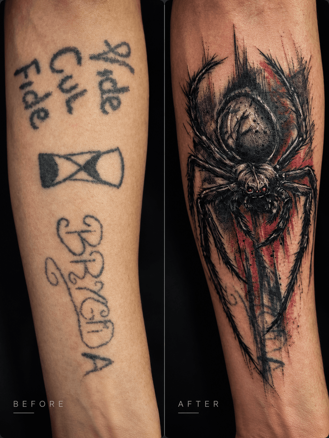 Old tattoo covered with spider design — Black Stroke Gdańsk