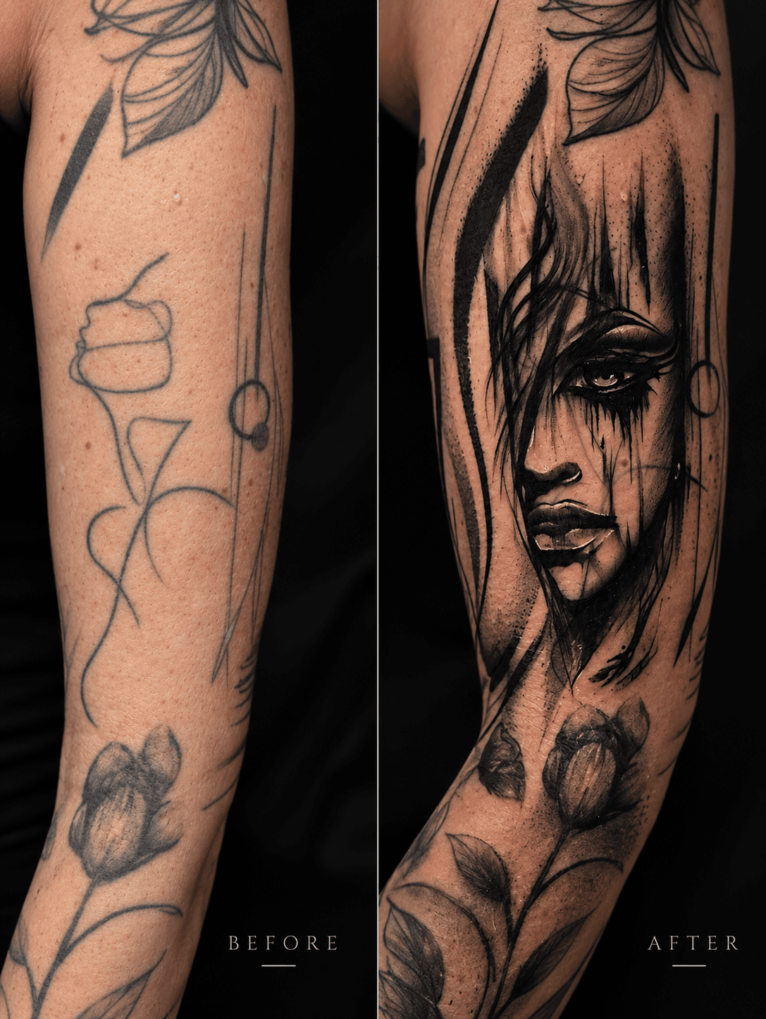 Old tattoo reworked with female portrait — Black Stroke Gdańsk