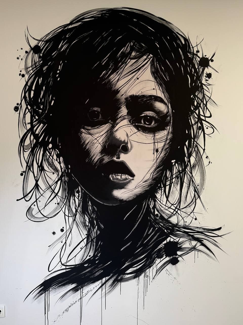 Hand-painted graphic portrait mural created by Mariana Tkachuk for Black Stroke tattoo studio in Gdańsk